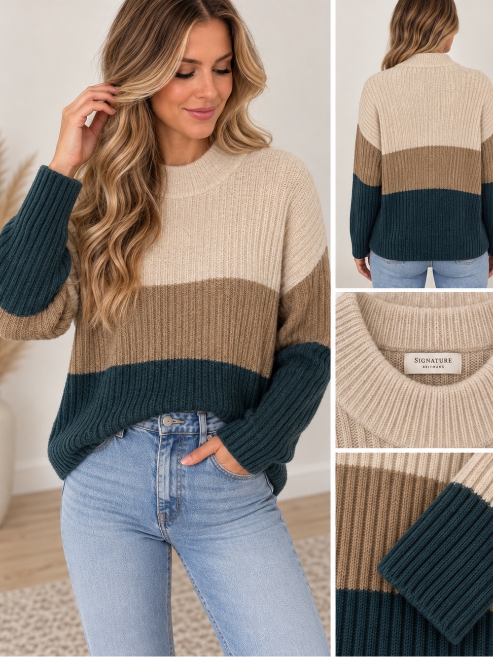 Signature Ribbed Colorblock Crewneck Sweater in Beige, Brown & Teal